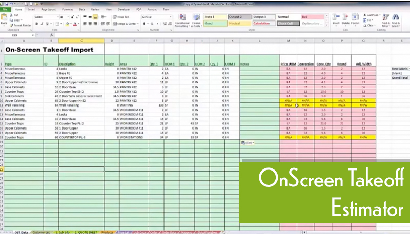 OnScreen Takeoff Software Feature Spreadsheets